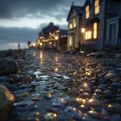 Urban street after rain: close-up of wet pebbles reflecting glowing bokeh lights from buildings and streetlamps at dusk.