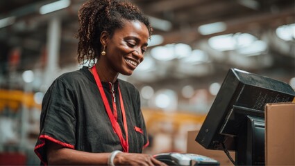 Happy black woman working at warehouse computer terminal