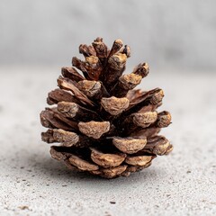 Detailed close-up of a single natural pine cone with rustic wooden scales on a light grey textured background, perfect for autumn and winter themes