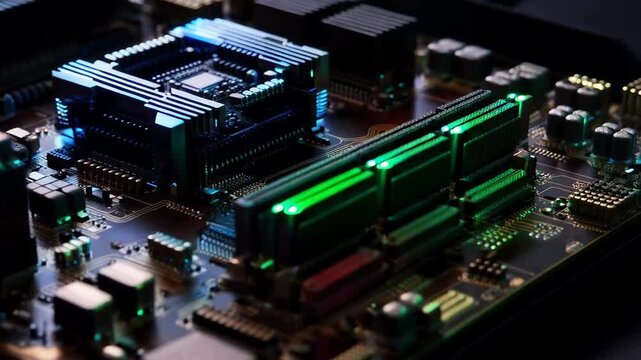 Exploring a computer motherboard with colorful lights at night while handling components and connections