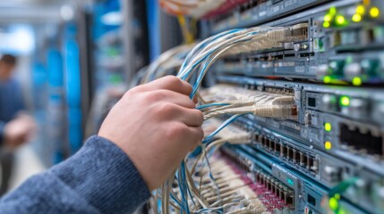 Technician working with network cables in server room