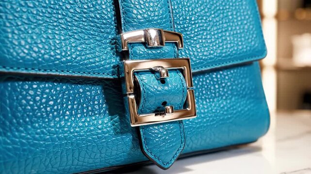 Closeup of a vibrant turquoise blue leather handbag flap closure featuring a textured grain and a shiny silver metal buckle