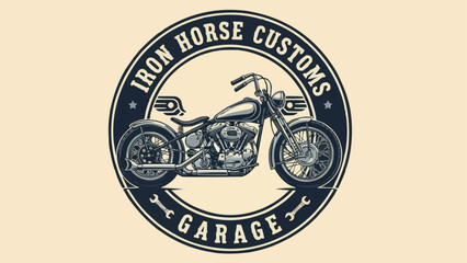 Vintage Motorcycle Emblem with Iron Horse Customs Garage Text. © Bintang