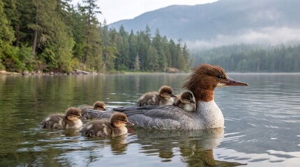 Mother Merganser Duck with Ducklings Riding on Back in Lake
