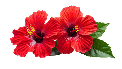 Close Up of Two Vibrant Red Hibiscus Flowers with Yellow Stamen and Green Leaves on Black Background
