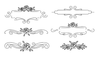 Obraz premium Elegant vintage calligraphic vignette vector set with pink roses in line art style