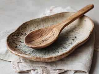 Rustic handmade ceramic oval plate with a natural wooden spoon on a textured linen cloth, showcasing earthy kitchenware and organic aesthetics.