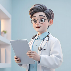 3D Cartoon Doctor Character Holding Clipboard Illustration｜3Dカートゥーン医者キャラクターのイラスト（クリップボードを持つ）