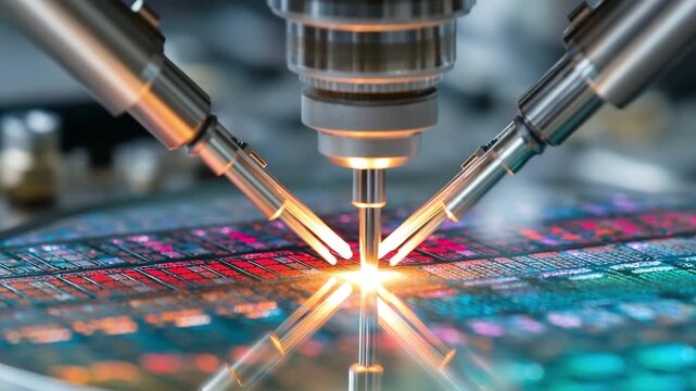 silicon wafer with needles for semiconductor testing on the probe station, looking at a microchip transistor sample