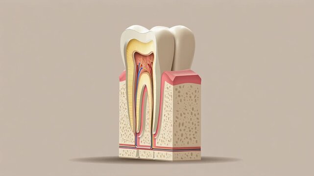 Endodontic dental treatment illustration, tooth cross section showing root canal care, minimal medical design, neutral color palette, uncluttered background, commercial healthcare visual