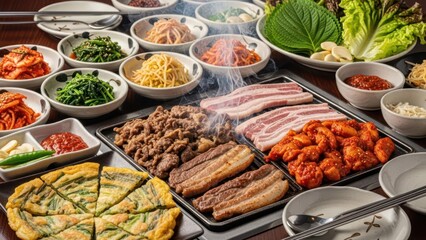 Korean barbecue feast: Grilled meats and diverse side dishes, a culinary delight experience with
