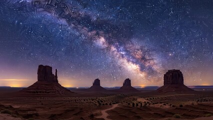Majestic buttes under ethereal galactic skies create an otherworldly desert nightscape