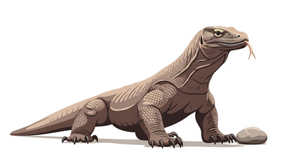 A detailed illustration of a large Komodo dragon standing on a light surface with a rock