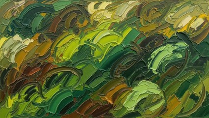 Textured landscape impressionistic painting with green and brown brushstrokes