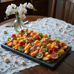 A gourmet plate of fresh fruit salad and healthy vegetarian vegetables served as a colorful diet meal on a white dish for a fresh lunch or appetizer