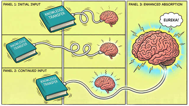 Illustrative comic panels depict the process of knowledge transfer from a book directly into the human brain leading to a eureka moment of enhanced absorption and understanding.