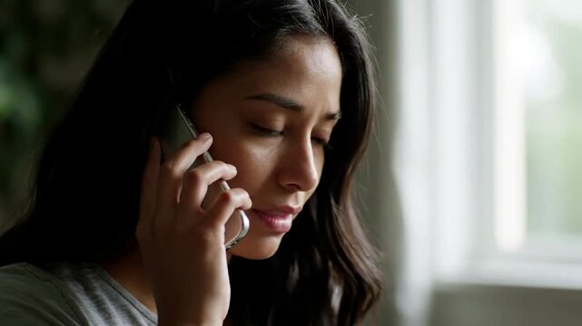 Young Hispanic woman making an emotional phone call at home, expressing concern and stress, representing personal struggle, mental health awareness, and seeking support or advice.