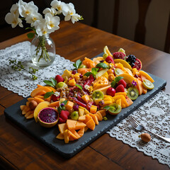 A delicious fresh fruit salad served on a gourmet plate makes a healthy sweet dessert or snack on a restaurant table for a nutritious diet meal
