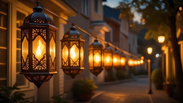 Lanterns on a residential street at dusk, with warm glowing lights, hanging from buildings and standing on sidewalk, in a row