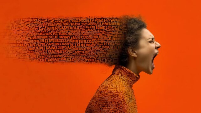 A woman shouting with flying letters represents emotion, expression, and communication. vivid, imaginative idea in a contemporary manner.