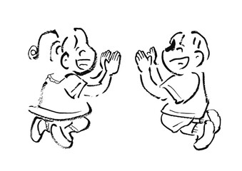 子ども（男女）　喜んでジャンプしている　線画/モノクロ