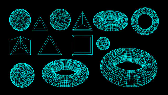 Collection of 3D geometric shapes in teal wireframe on black background.