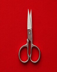 Small Metal Scissors Open on Textured Red Background