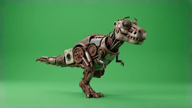 Steampunk T Rex Dinosaur Robot on Green Screen Background.