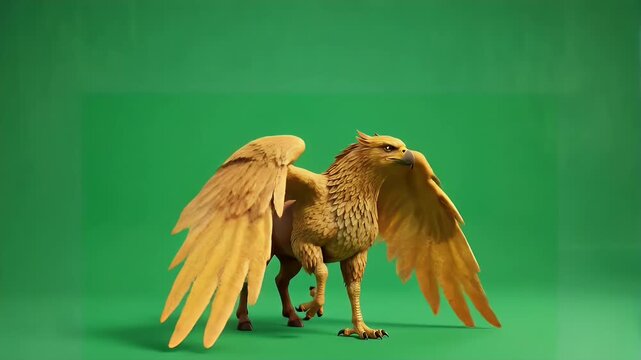 Majestic Griffin with Golden Wings on Green Screen Background.