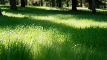Sunlit grass in a forest clearing with tree shadows