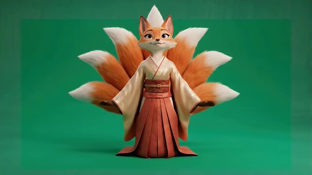 Charming Kitsune Figure in Traditional Attire Posed Gracefully on Green Backdrop.