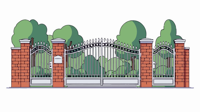 Ornate metal gates flanked by brick pillars and lush green trees