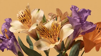 A vibrant bouquet featuring a mix of cream-colored alstroemeria with striking stripes, offset by the soft hues of purple and orange flowers against a serene, complementary background.