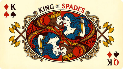 Striking graphic design illustration of the king of spades playing card featuring regal figures, ornate detailing, and crossed battle axes in a vintage style.