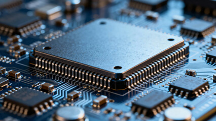 Close-up of integrated circuit chip on a printed circuit board