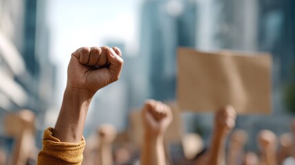 Activists and demonstrators raising fists in a vibrant protest march, advocating for civil rights and social justice, fill the urban streets with powerful voices for change