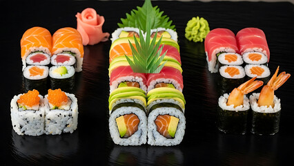 Assorted sushi rolls on black table