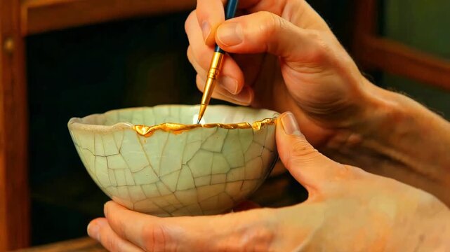Artisan meticulously applies fine gold lacquer to repair the cracked rim of a delicate celadon ceramic bowl using traditional artistic techniques.