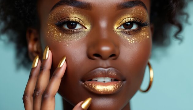 Black woman with gold makeup and metallic nails. Her lips and eyelids are covered in gold glitter. She wears gold hoop earrings. Perfect for beauty or fashion content.
