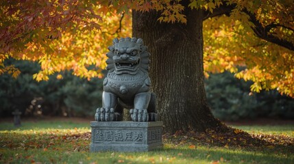 Stone guardian lion in autumn park