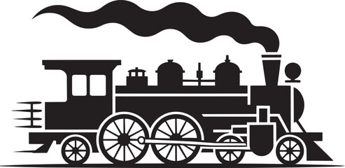 Silhouette of vintage steam locomotive train emitting smoke from smokestack with large wheels © MC Creative