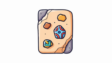 Cartoonish artifact with circular patterns and rock-like fragments on a pale surface