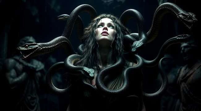 Mythological Medusa Gorgon with Snakes Hair, Fierce Female Monster Portrait