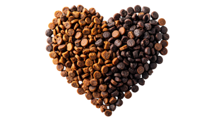 Heart shaped dog food isolated on transparent backdrop brown and black mixture isolated on solid white background3