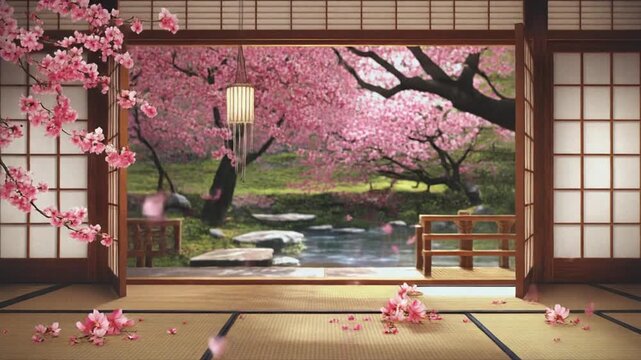 Traditional Japanese room with open sliding doors revealing a serene garden with a cherry blossom tree in bloom, a stream, and scattered petals on the tatami mat floor