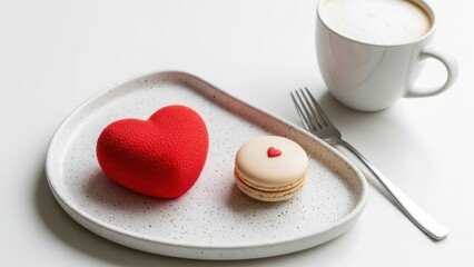 Delicious heart shaped dessert and macaron with coffee