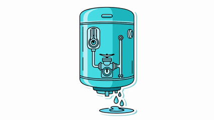 Cartoon style illustration of a turquoise boiler with a thermometer, valve, and dripping water