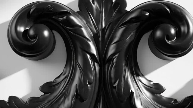 Closeup of a detailed black baroque acanthus leaf ornament or architectural molding against a light background with strong shadow