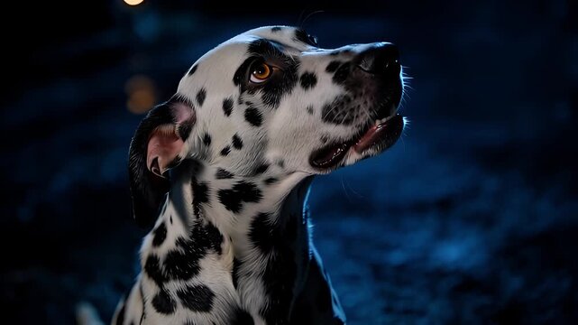 Majestic Dalmatian Dog with Striking Spots Gazing Upwards in a Serene Night Setting.