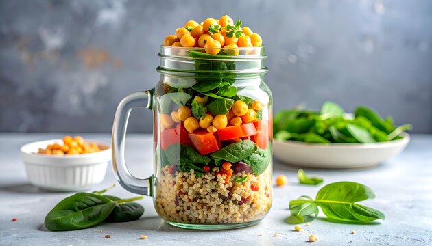 A colorful salad jar filled with chickpeas, spinach, quinoa, and chopped vegetables